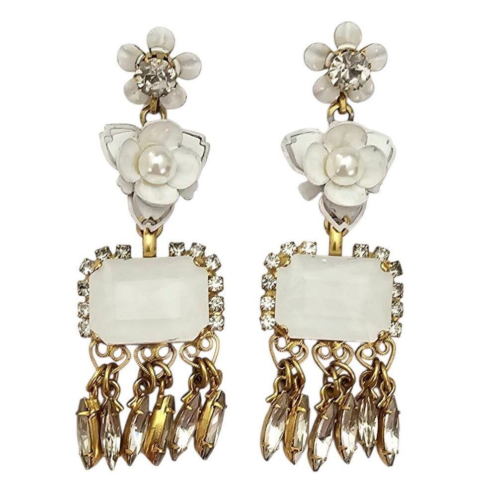 Elizabeth Cole Floral Rhinestone Faceted Glass Dangle Post Earrings